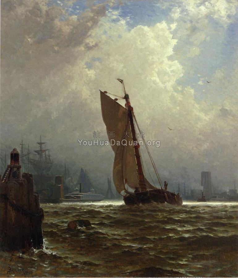 New York Harbor with the Brooklyn Bridge Under Construction - 阿尔弗雷德·汤普森·布雷奇